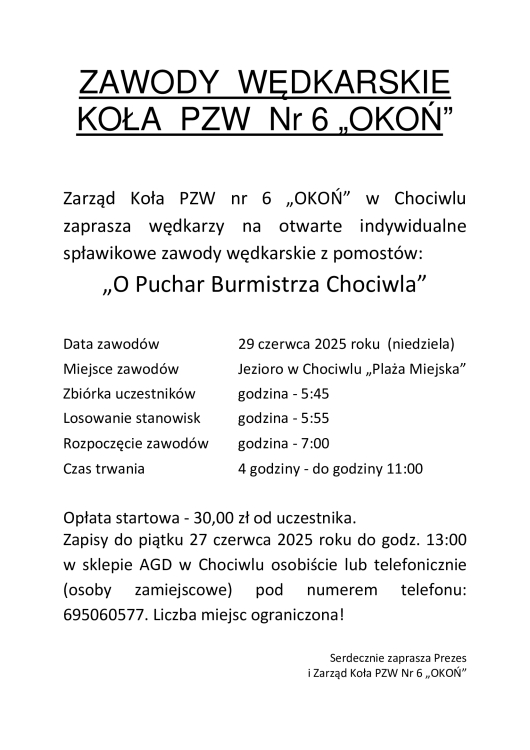 Zapraszamy na zawody wędkarskie o Puchar Burmistrza Chociwla